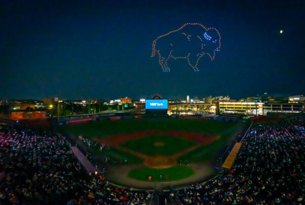 Drones create a buffalo over Sahlen Field during light show