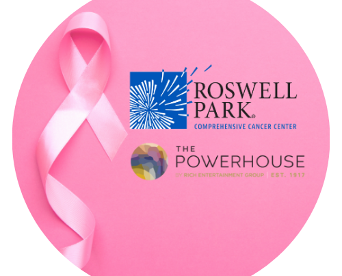 Graphic with a pink ribbon, Roswell Park logo, and The Powerhouse logo