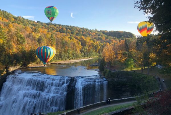 Hot air balloons over the falls at Letchworth State Park