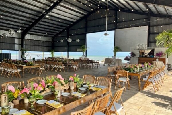Event space on the water set up for a wedding