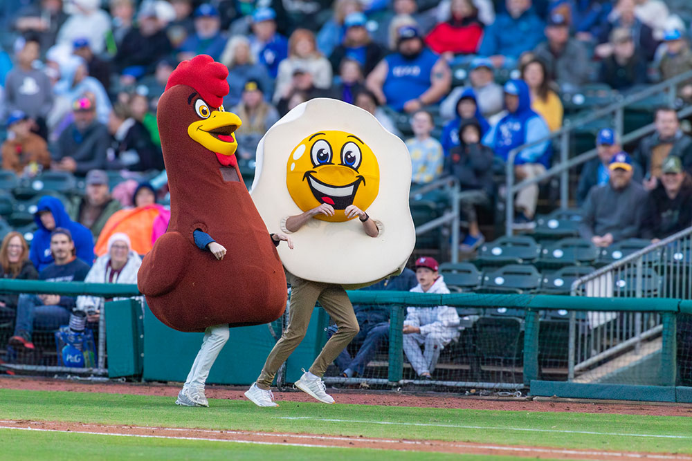 Chicken and egg mascots at Arvest Ballpark