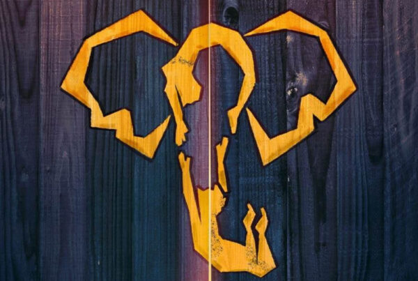 elephant head outline against a wood grain background